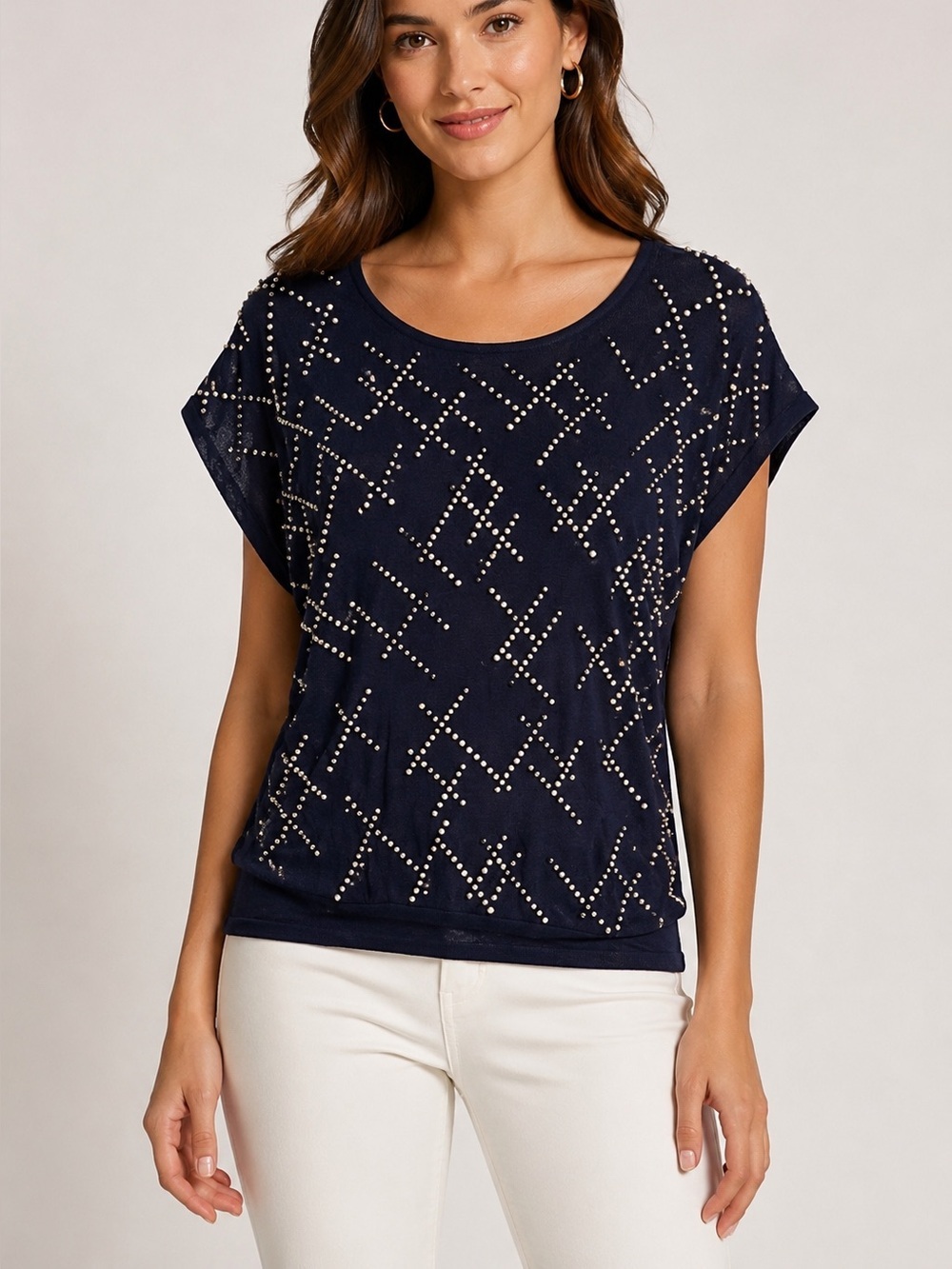 Belldini Small Navy Pearl Stud Embellished Dolman Sleeve Blouse Top